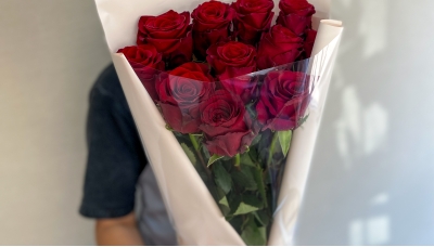 11 красных  роз Эквадор в упаковке.